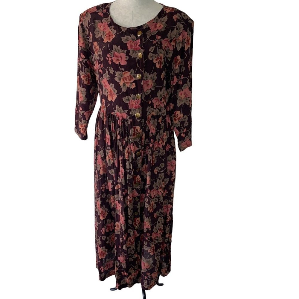 Pier 1 Passports Vintage Maxi Dress Size Medium Floral Brown Botanical Button Up